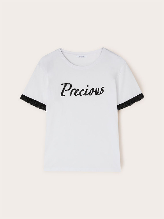 T-shirt in cotone con scritta in perline