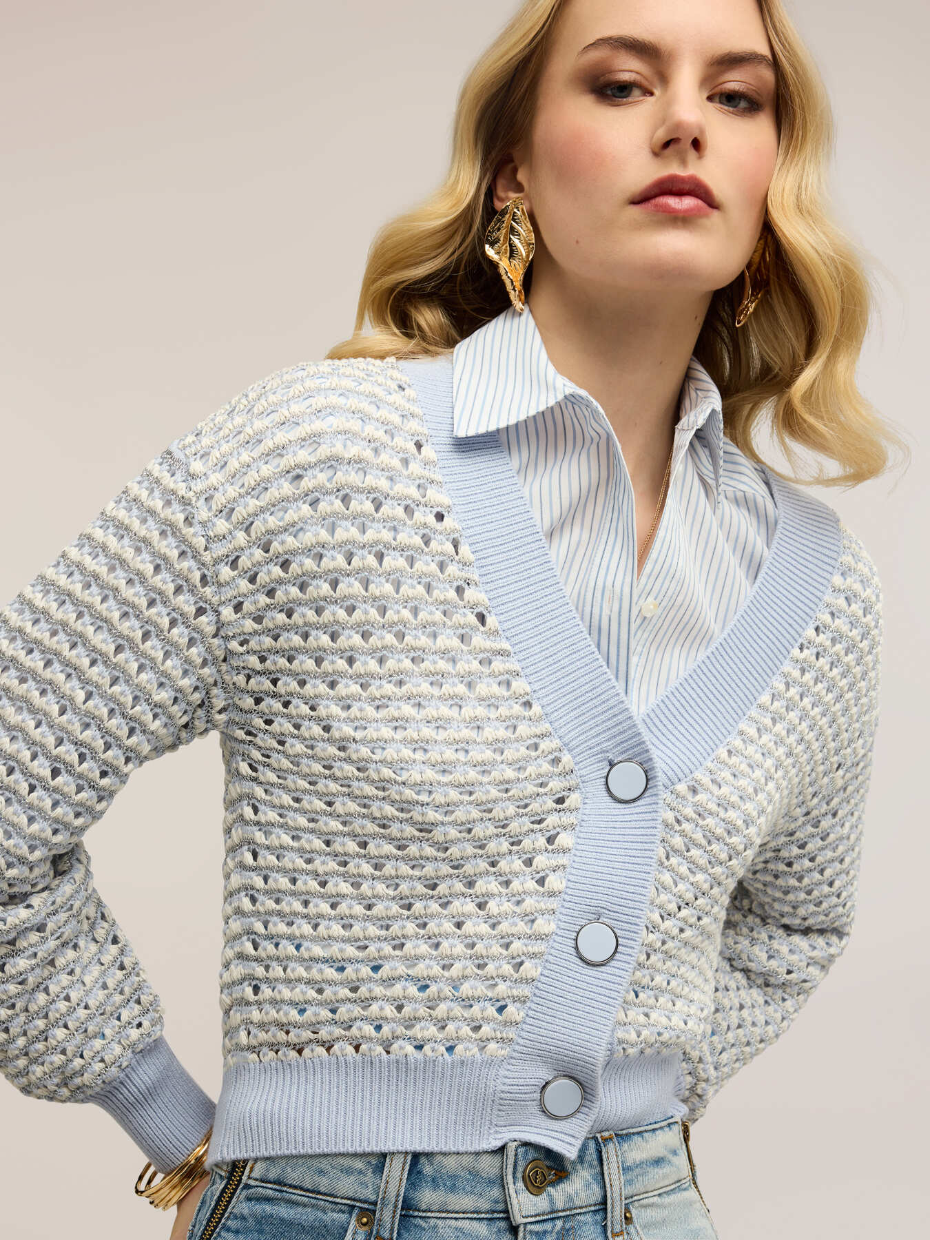 Short cardigan in openwork lurex knitwear image number 2