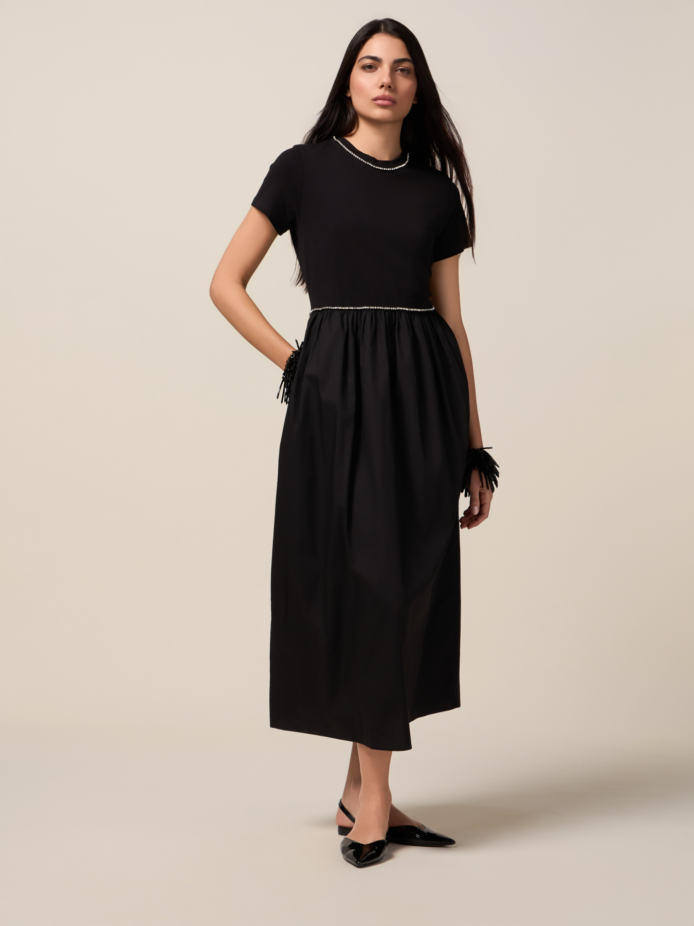 Two-material dress with rhinestones image number 0