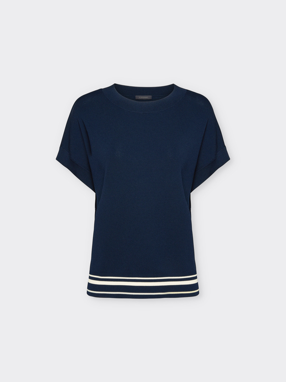 Short-sleeved sweater with striped trim