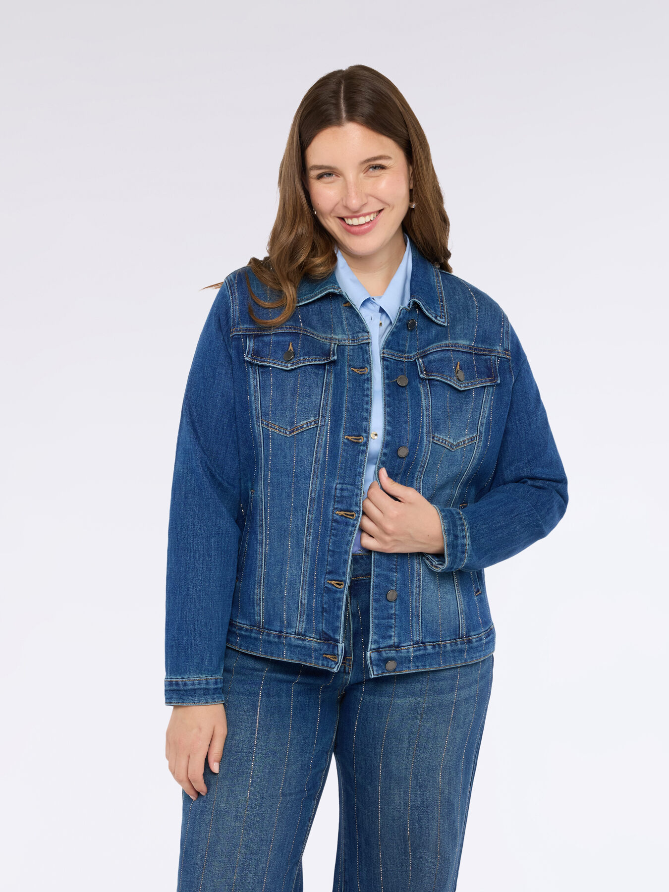Denim jacket with rhinestone pinstripe image number 2