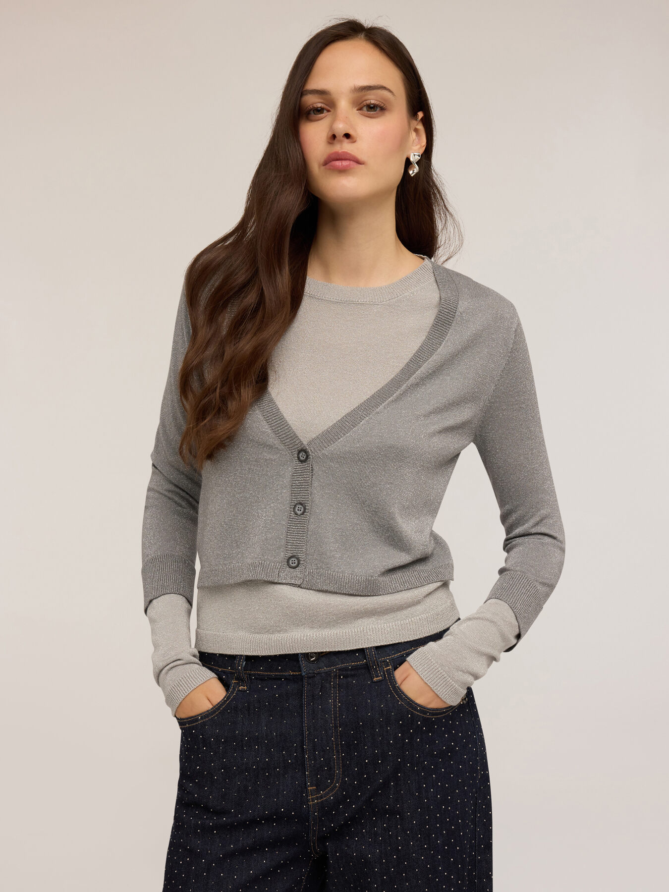 Lurex jumper with faux cardigan design image number 0