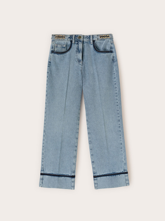 Jeans cropped wide fit cu lanț
