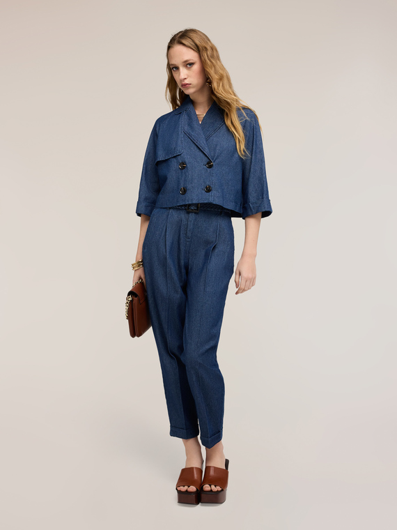 Trench court double boutonnage en chambray