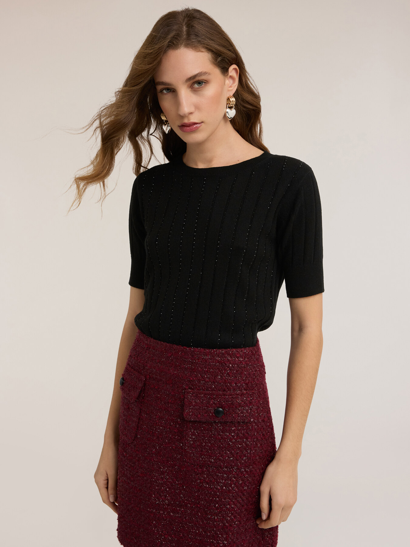 Ribbed sweater with rhinestone stripes image number 0