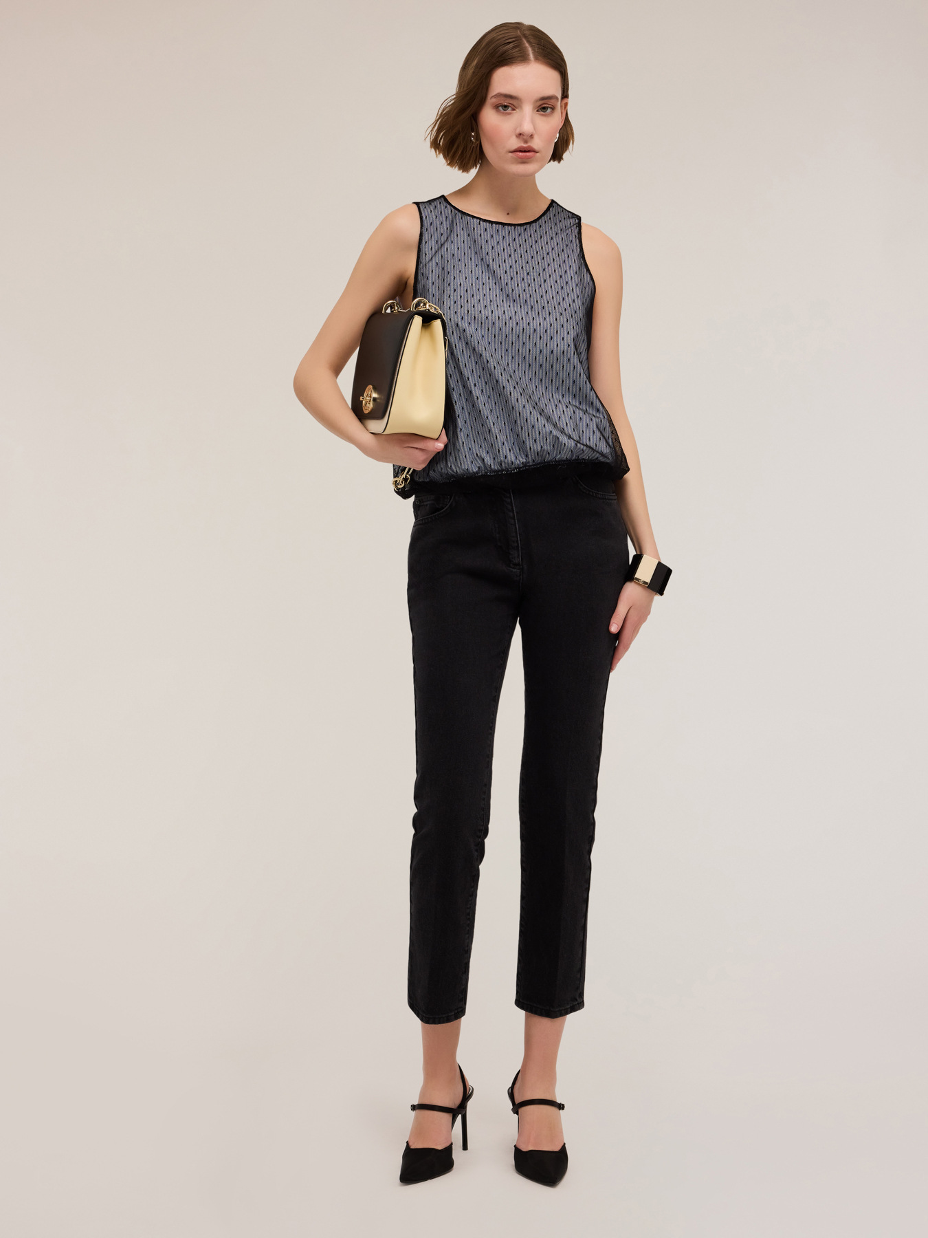 Top in popeline a righe e tulle plumetis image number 0