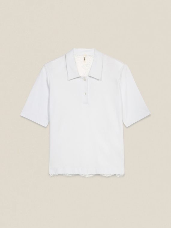 T-shirt bimaterica con inserto in pizzo