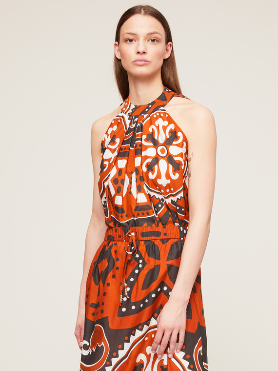 Ethnic patterned muslin flared top