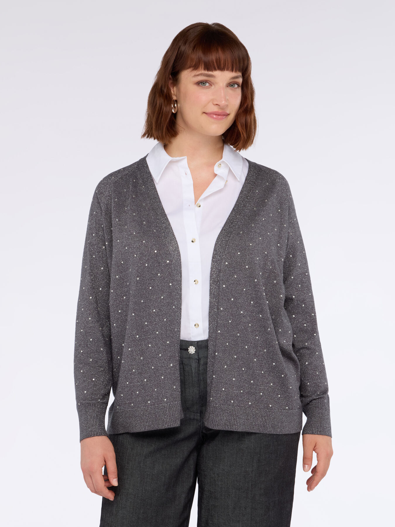 Fine knit cardigan with glittery appliqués image number 0