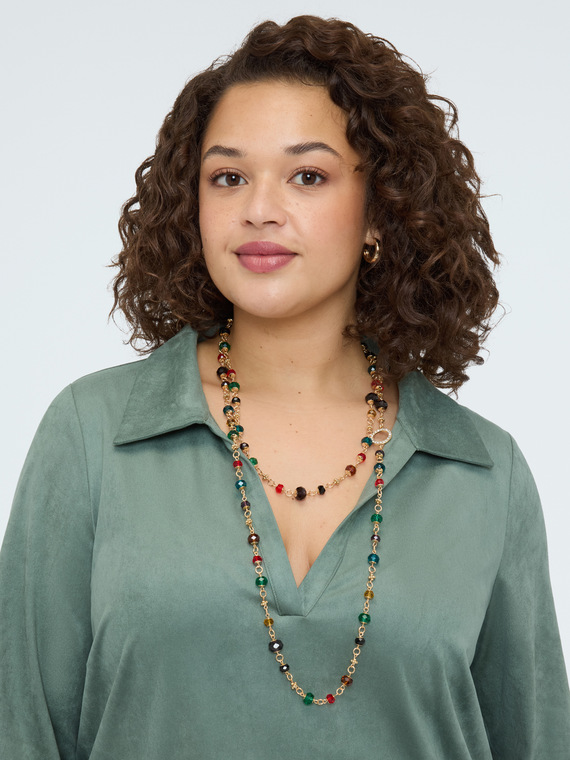 Collana lunga con perline multicolore e strass