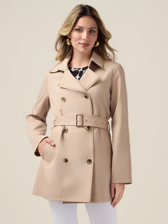 Trench coat with coated fabric trim