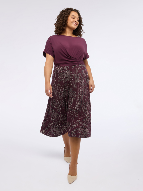 Two-material flared dress with print