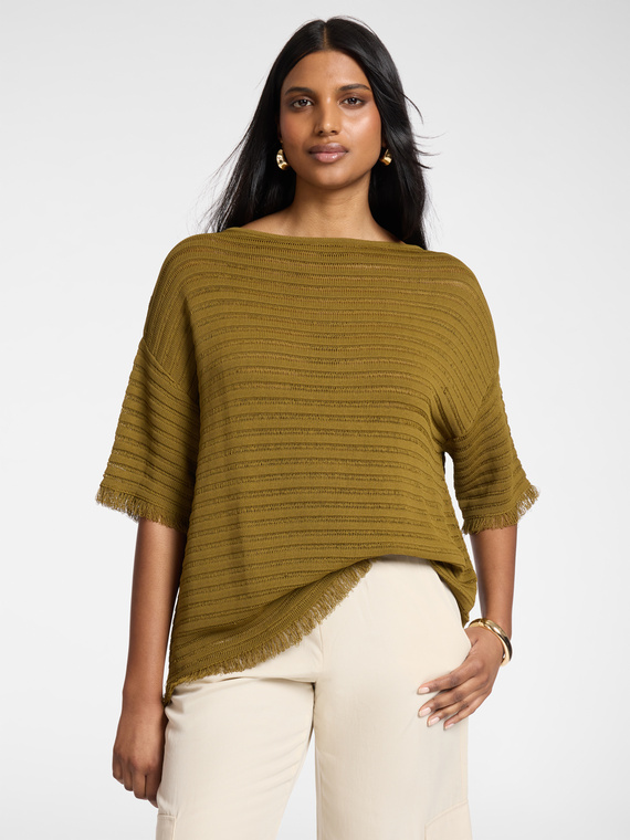 Striped perforated viscose blend top
