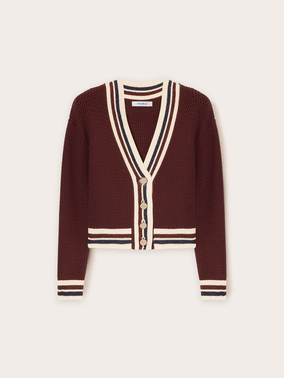 Short knitted cardigan with striped edges
