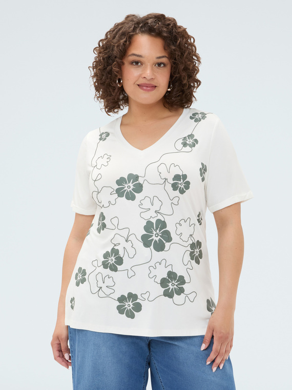 T-Shirt aus Viskose mit Blumendruck und Stickerei