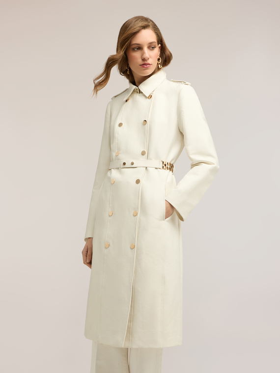 Double-breasted trench coat with military details