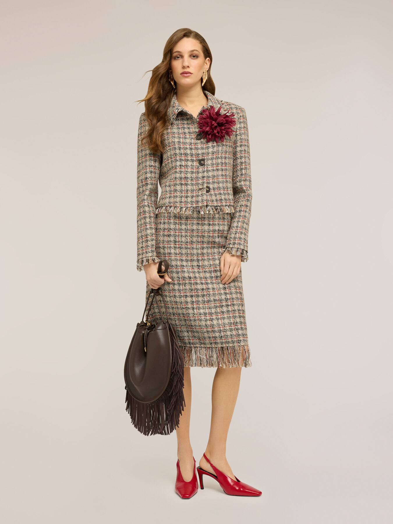 Short boucl&eacute; jacket with fringes and brooch image number 2