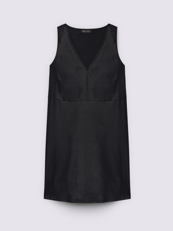 Sleeveless dress in coated fabric with small studs
