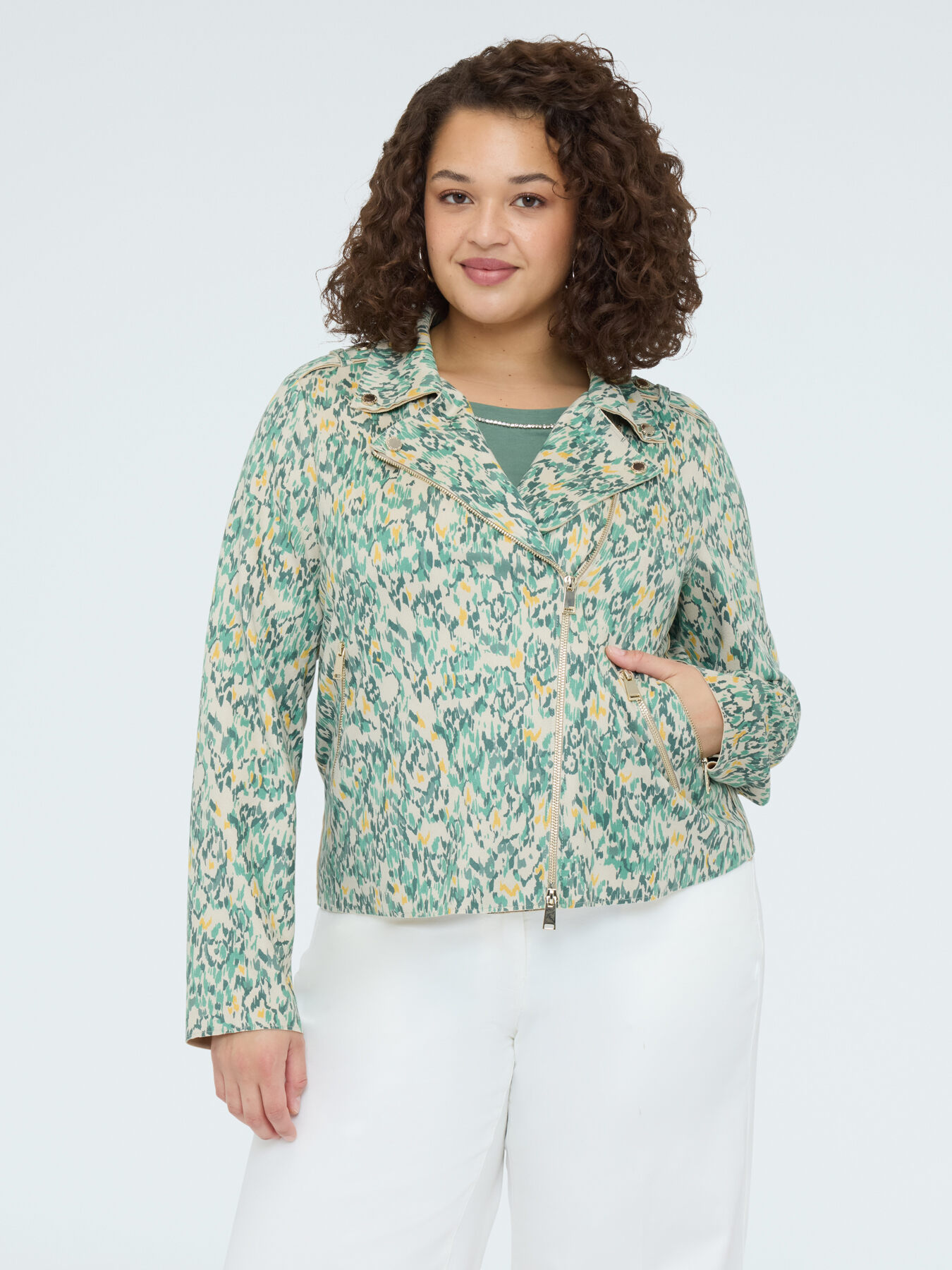 Chaqueta biker en tejido soft touch estampado image number 0