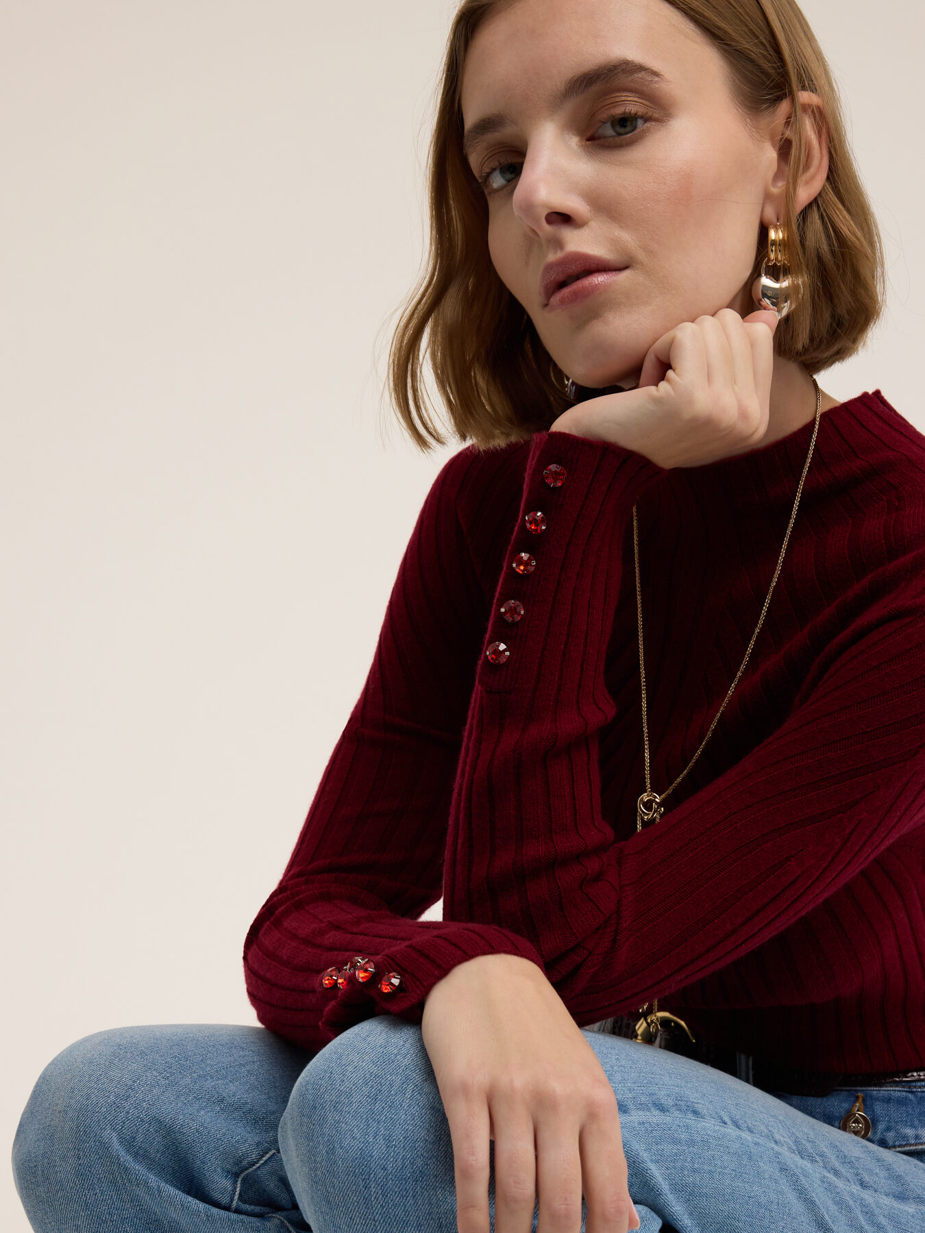 Ribbed turtleneck sweater with jewel buttons image number 1