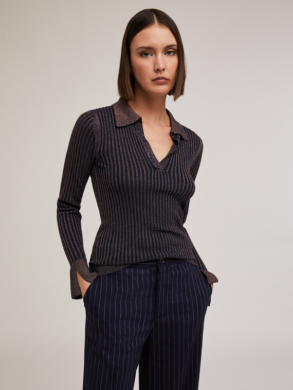 Polo a coste in maglia lurex