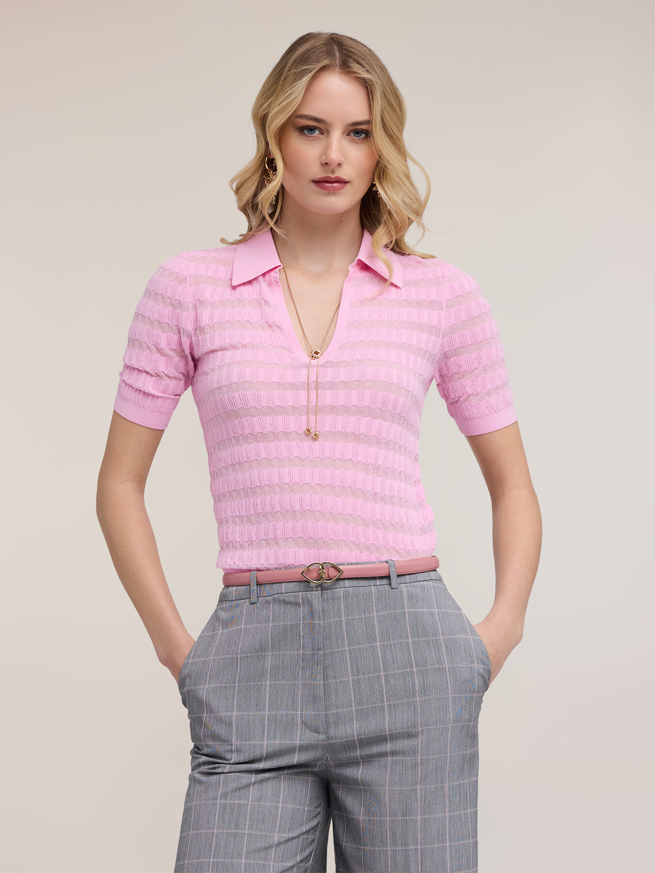 Fine knit polo with ajour&eacute; detailing image number 2