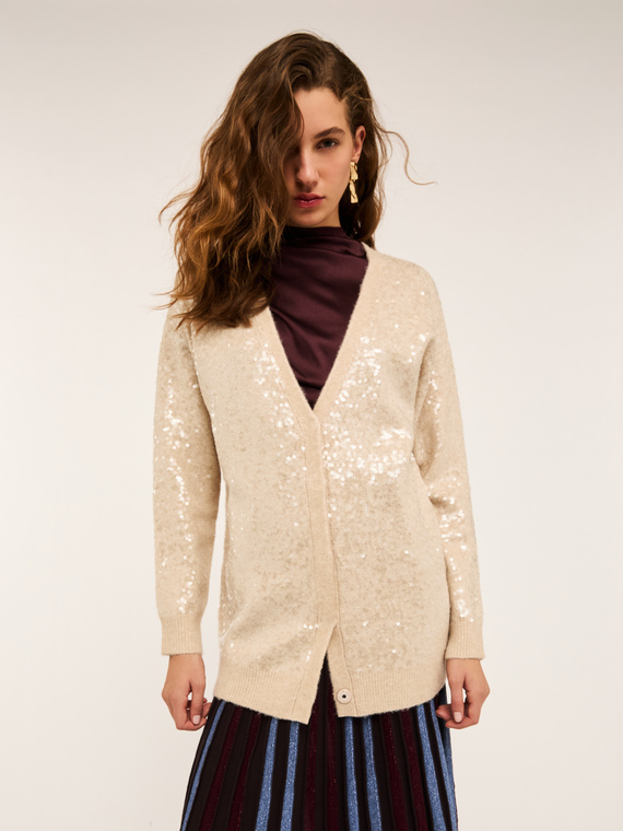 Cardigan aus Wollmischgewebe, mit all-over Pailetten-Besatz
