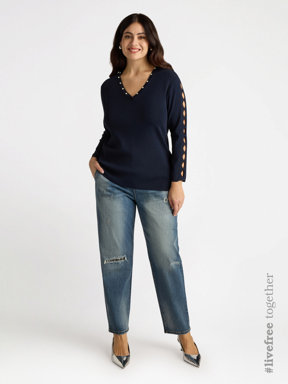 Ballon-Jeans Riss vorn mit Tweed-Stoff