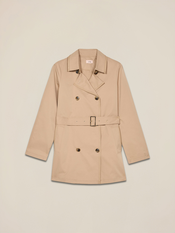 Trench coat with coated fabric trim