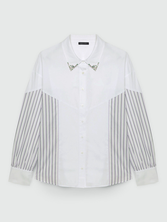 Camicia con inserti a righe e strass sul colletto