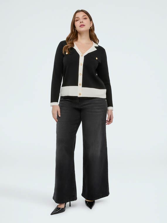 Fine knit cardigan with contrasting trims