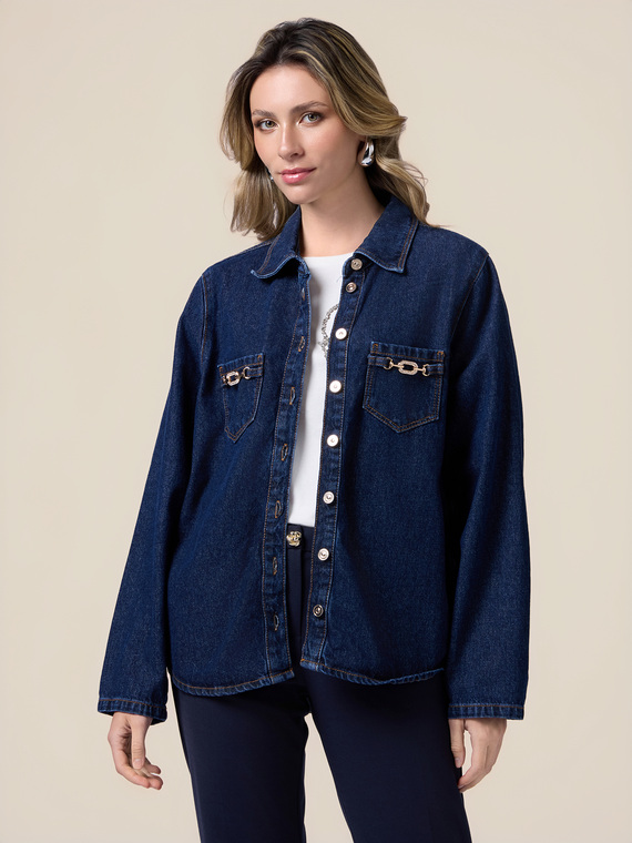 Denim shirt with metal buckles
