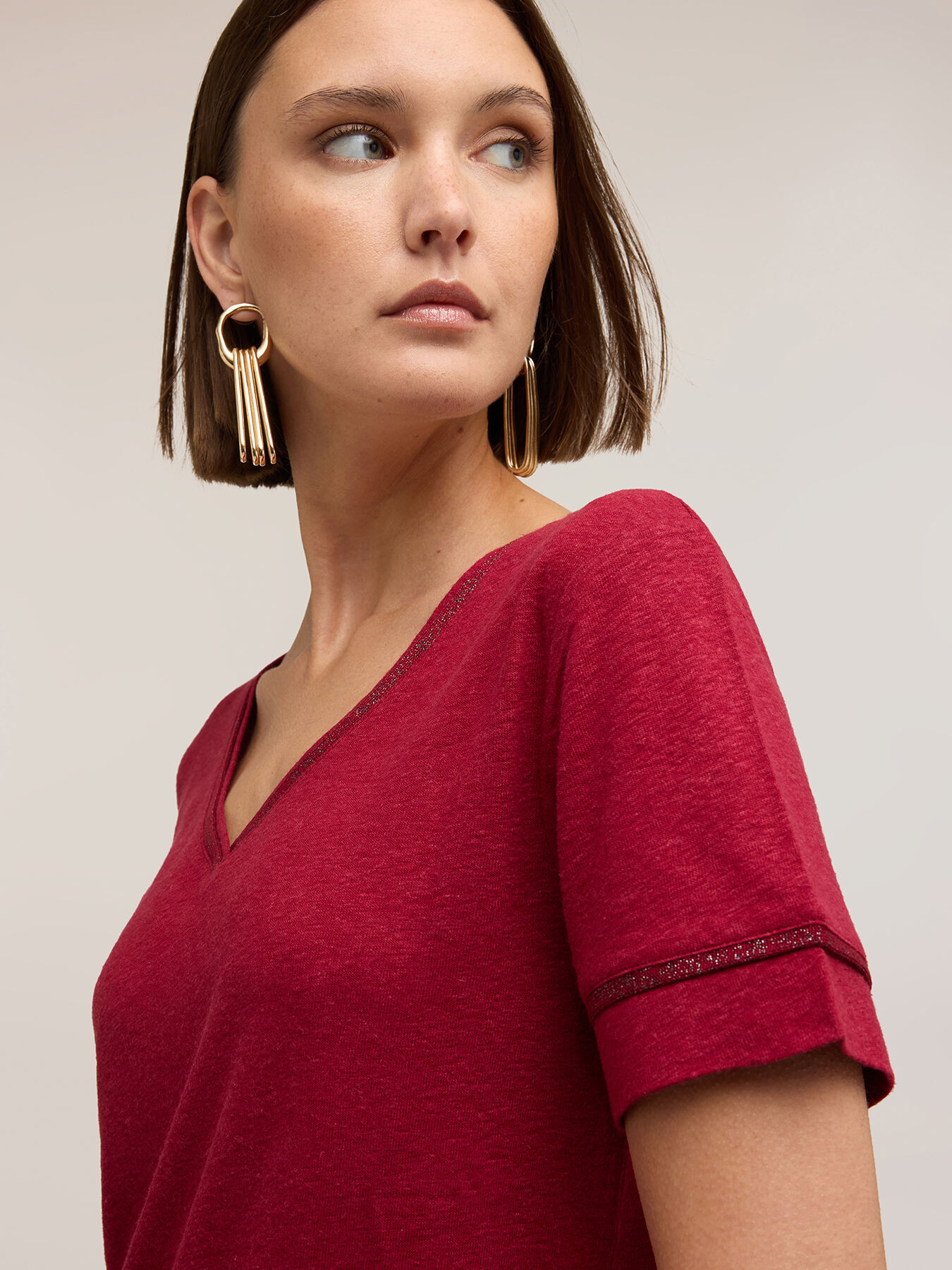 Tricou din amestec de in cu profile aurii image number 3