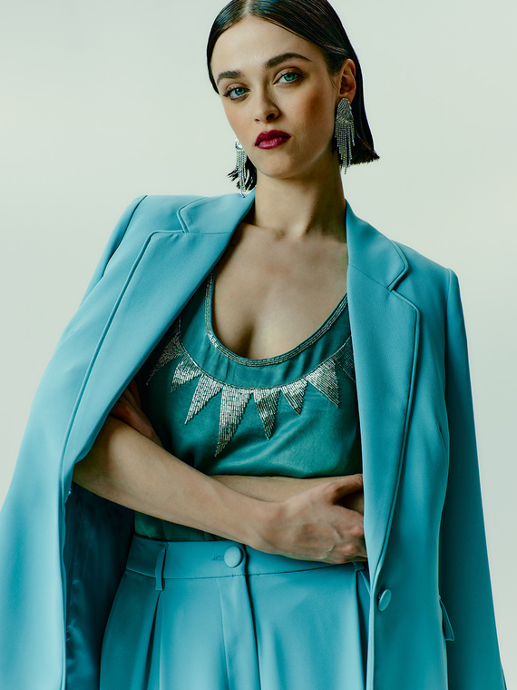 Embroidered viscose satin top