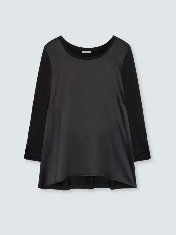 Two-material T-shirt with three-quarter sleeves in satin and jersey