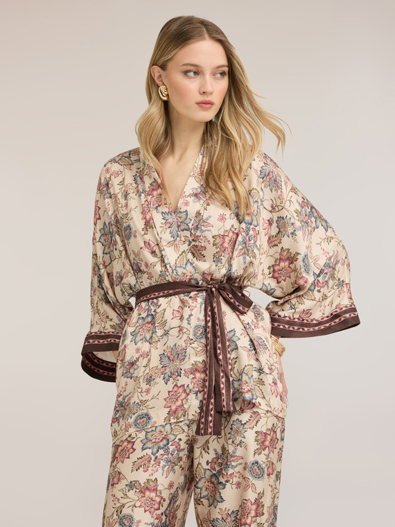 Camicia kimono in raso con stampa