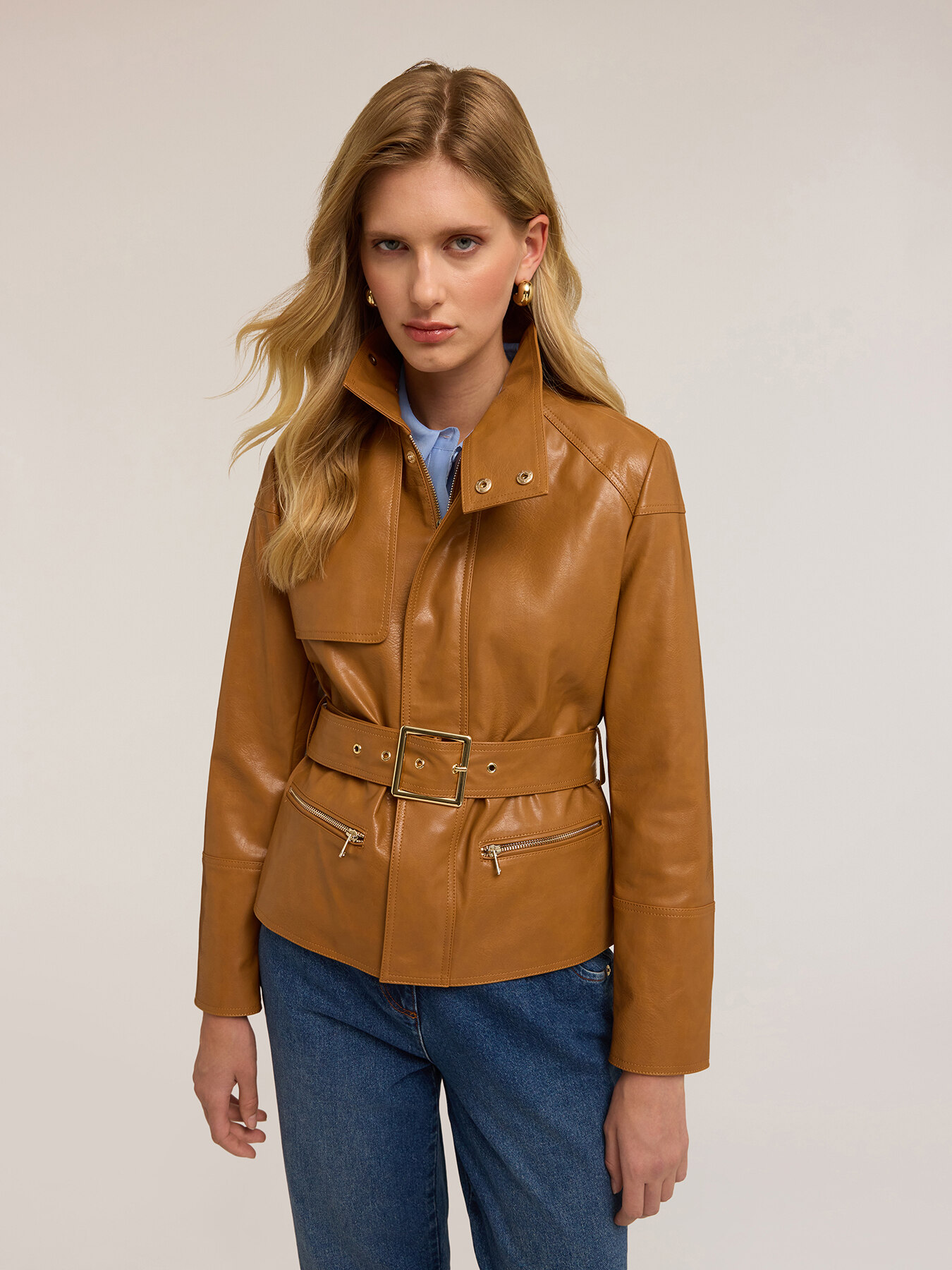 Belted jacket in coated fabric image number 2