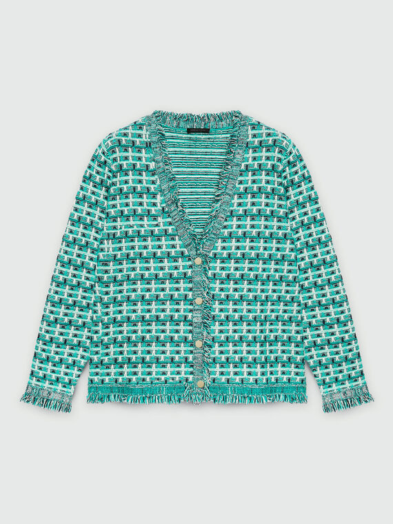 Cabled fabric and fringed cardigan