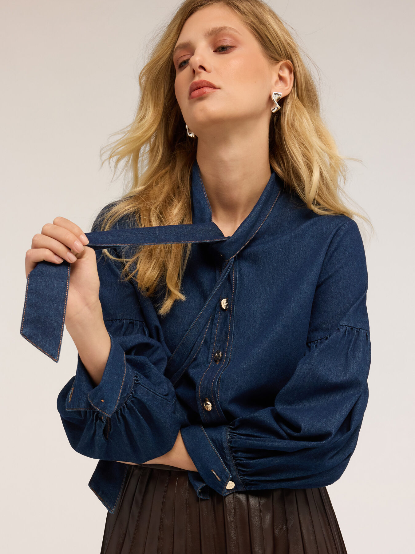 Denim shirt with pussy bow collar image number 2