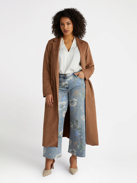 Langer Soft-Touch-Trenchcoat, vorn offen