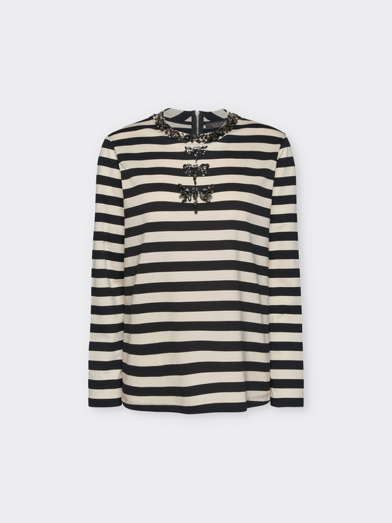 T-shirt às riscas com bordado de libélulas