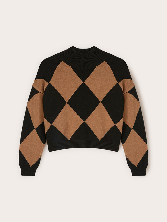 Pull col roul&eacute; en chenille fantaisie argyle