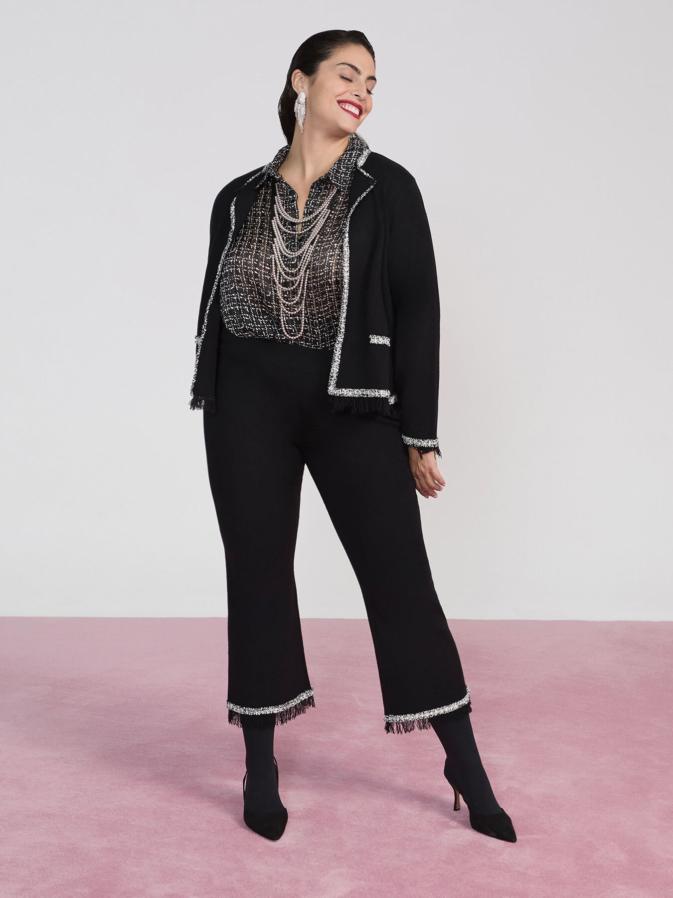 Flare knit pants with fringe image number 0