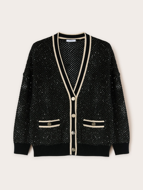 Cardigan in maglia traforata con micro paillettes