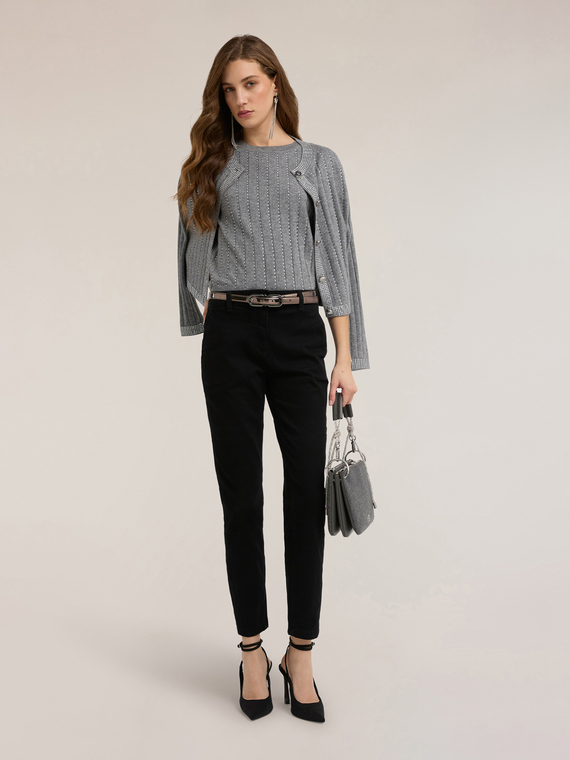 Ribbed sweater with rhinestone stripes