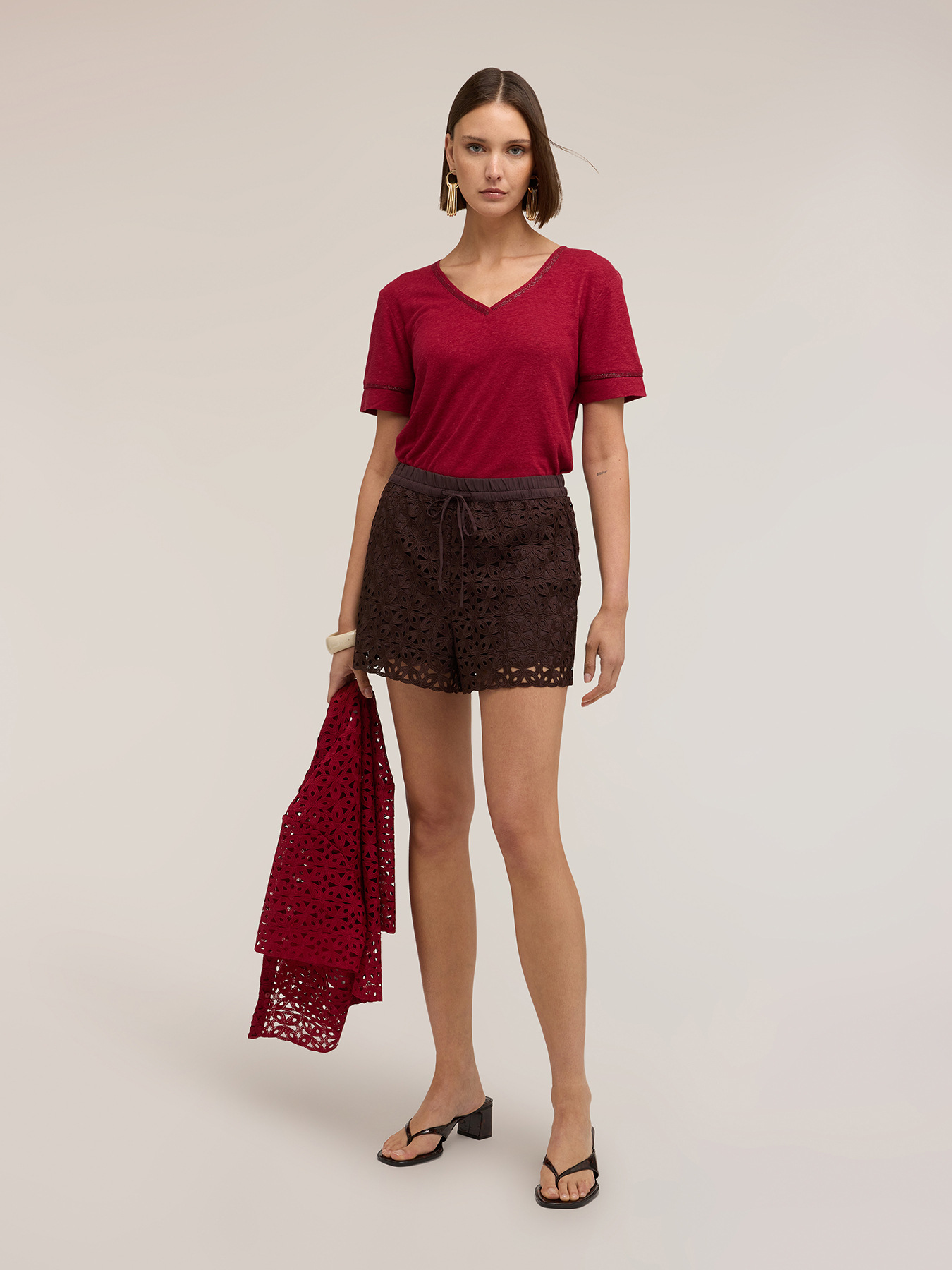 Tricou din amestec de in cu profile aurii image number 2