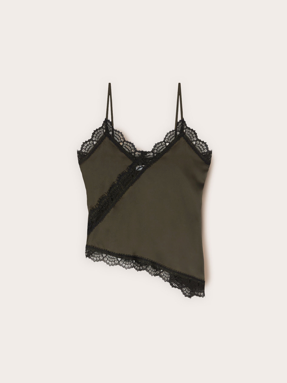 Asymmetrical satin top with lace