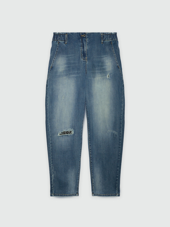 Ballon-Jeans Riss vorn mit Tweed-Stoff