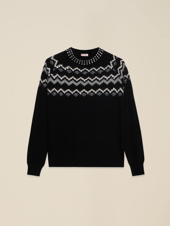 Maglia jacquard misto lana con applicazioni