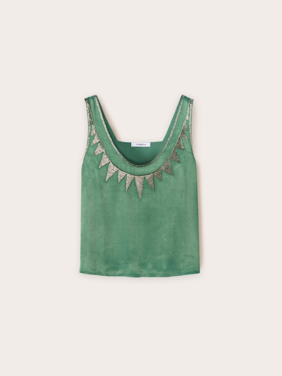 Embroidered viscose satin top